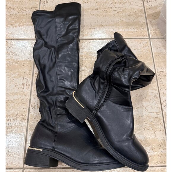Black Leather Slouchy Mid-Calf Boots - Picture 1 of 1